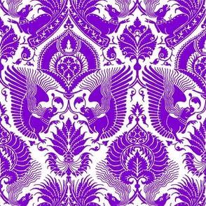 fancy damask with animals, purple on white