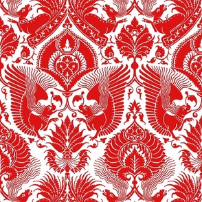 fancy damask with animals, red on white