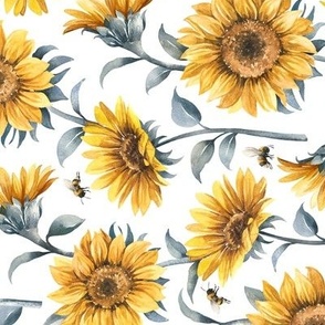  Large Scale  / Sunflower Bees / White Background / Rotated