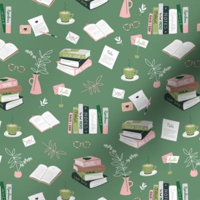 I love books cozy home reading and journaling notebooks and letters flower vase and glasses  nerd design pink blush matcha jade green 