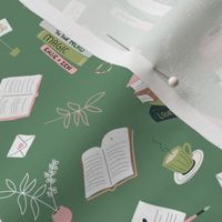 I love books cozy home reading and journaling notebooks and letters flower vase and glasses  nerd design pink blush matcha jade green 