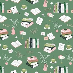 I love books cozy home reading and journaling notebooks and letters flower vase and glasses  nerd design pink blush matcha jade green 