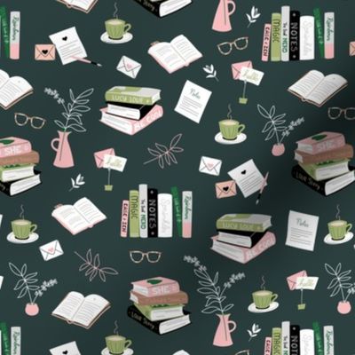 I love books cozy home reading and journaling notebooks and letters flower vase and glasses  nerd design pink blush jade green on seas green night