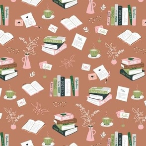 I love books cozy home reading and journaling notebooks and letters flower vase and glasses  nerd design pink blush jade green on burnt orange sienna 