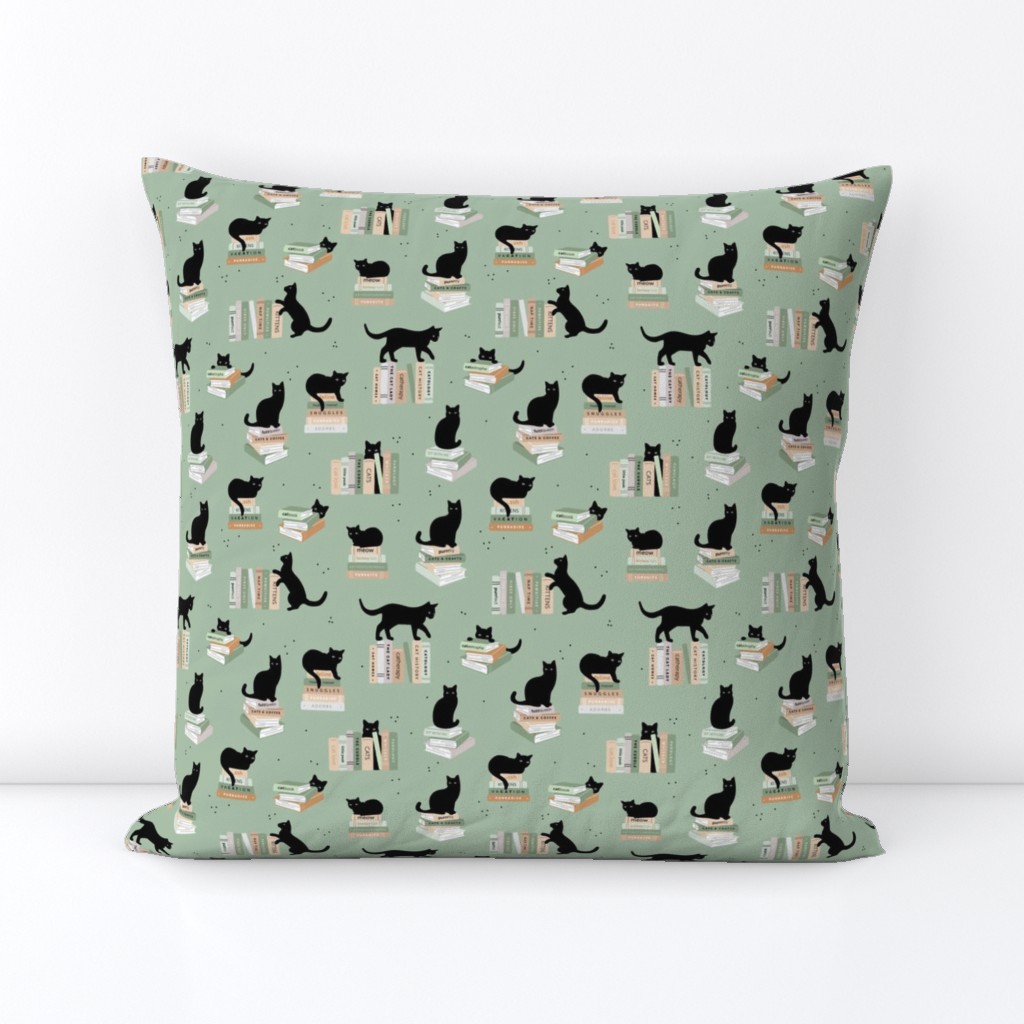 Library of cats and books kitten and cat lovers reading theme scandinavian hygge design pink mint blush on sage green