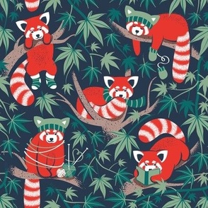 Small scale // Red panda blending with the foliage // navy background red cozy animals fog brown taupe tree branches pine and jade green acer leaves