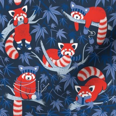 Small scale // Red panda blending with the foliage // navy background red cozy animals fog blue tree branches classic and indigo blue acer leaves