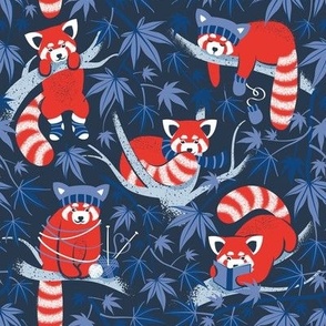 Small scale // Red panda blending with the foliage // navy background red cozy animals fog blue tree branches classic and indigo blue acer leaves