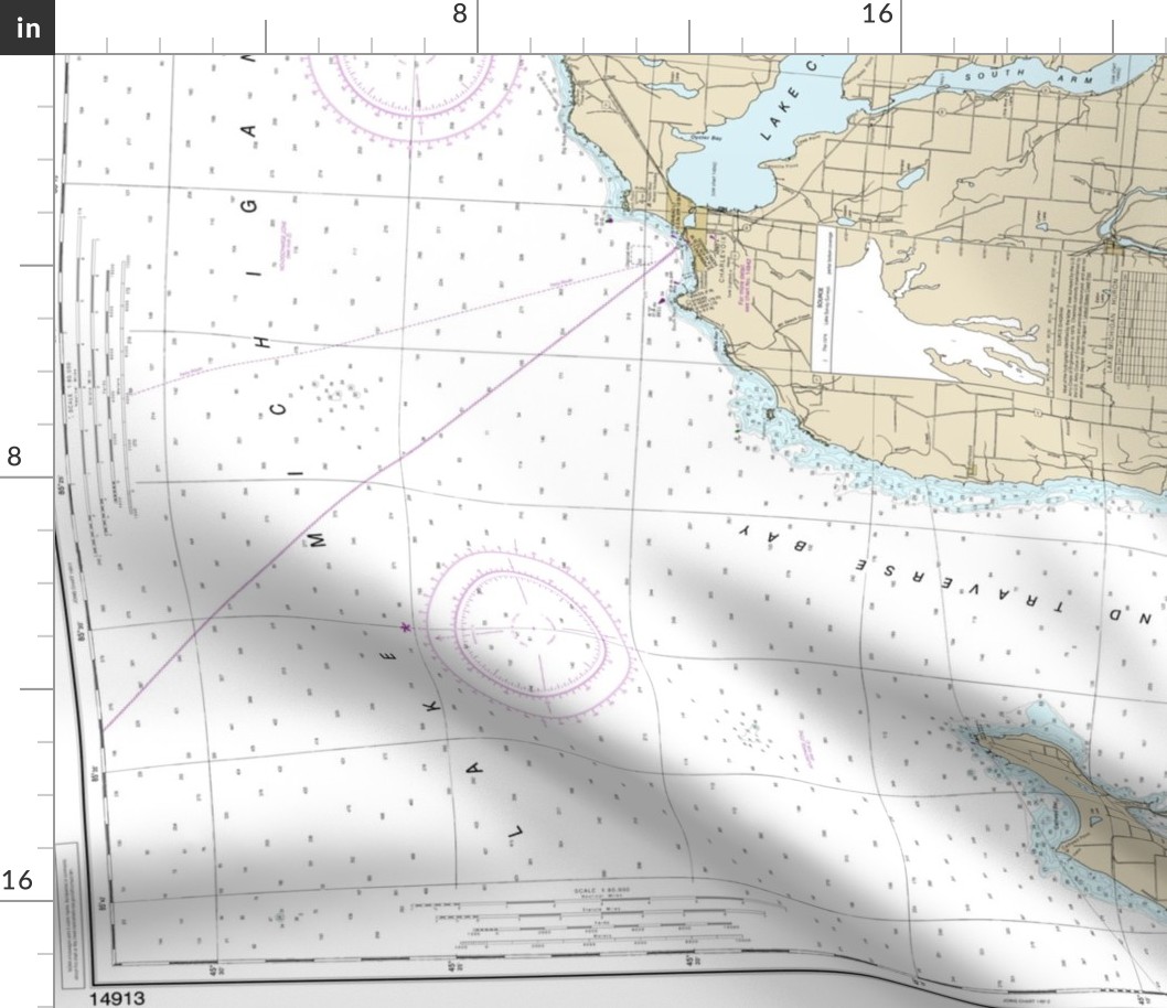 NOAA nautical chart #14913 - Grand Traverse and Little Traverse bays, northern Lake Michigan - 30x42" (sideways, fits a yard of narrow fabrics)