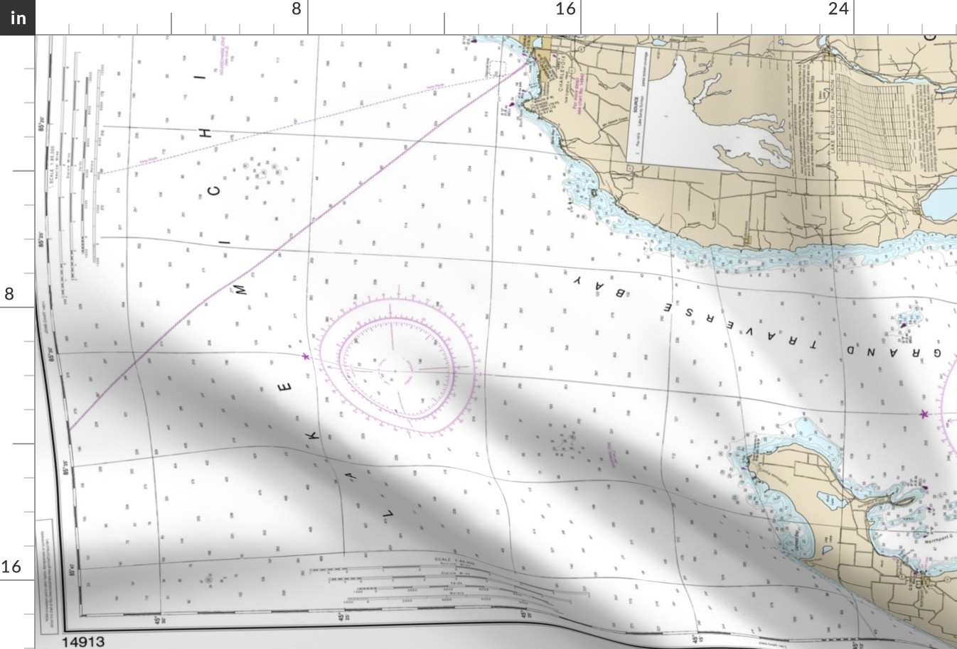 NOAA nautical chart #14913 - Grand Traverse and Little Traverse bays, northern Lake Michigan - 36x50.5" (fits a yard of narrow fabrics)