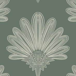 Line Flower Off White and Artichoke Green