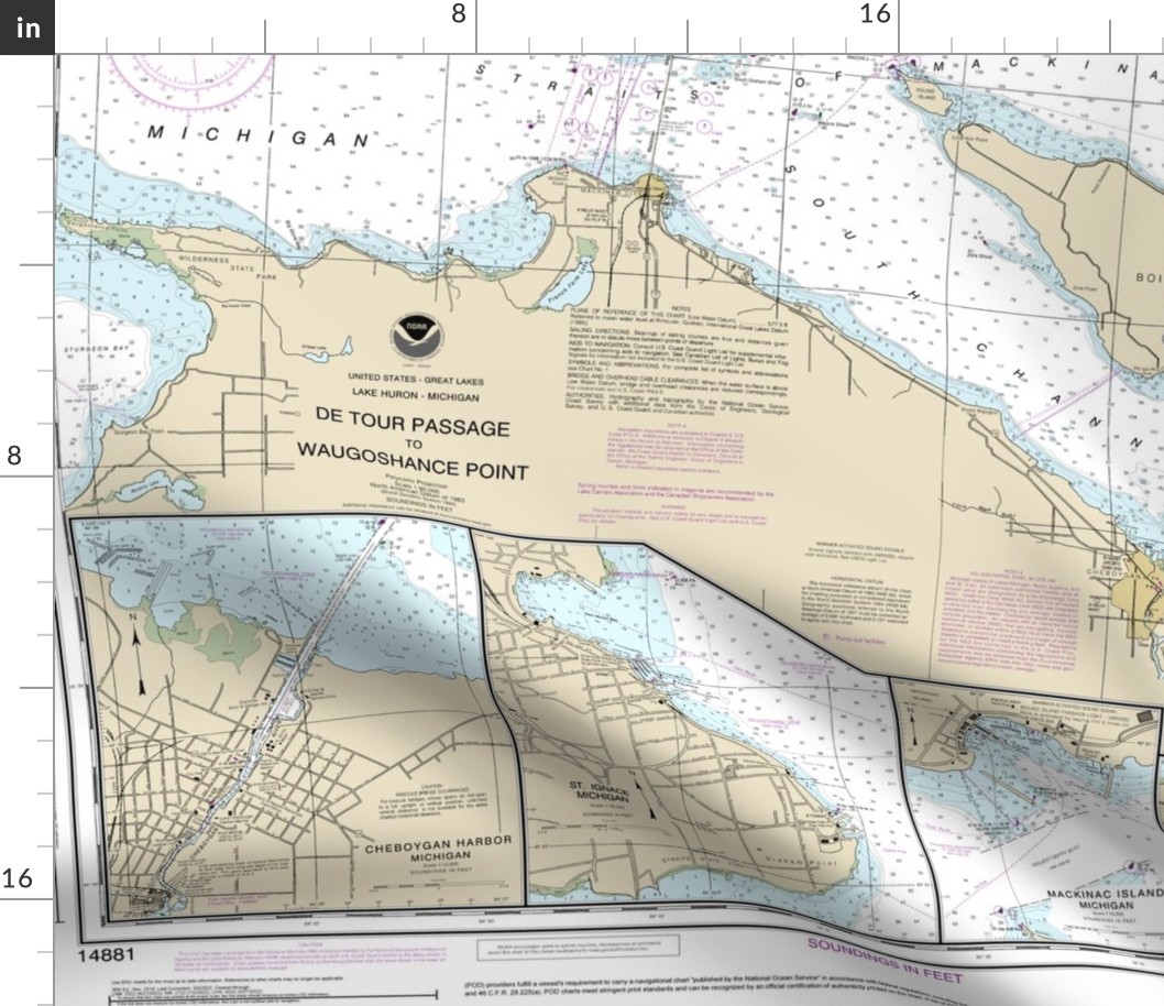 NOAA nautical chart #14881 - northwest end of Lake Huron ; straits of Mackinac - 42x32", one map fits a yard of narrow fabric