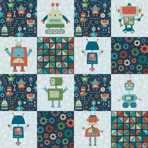 Bigger Scale Patchwork 6" Squares Little Boys Robot Room on Navy