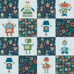 Smaller Scale Patchwork 3" Squares Little Boys Robot Room on Navy