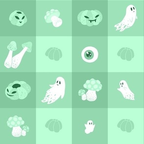 (large) Cute green checkered pattern for Halloween with ghosts, pumpkins, mushrooms... and an eye