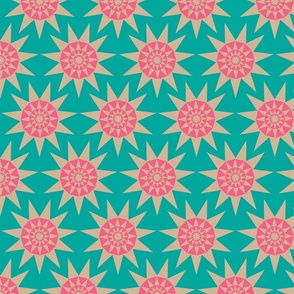 Sunshine Retro Geometric Mediterranean Tile Pointed Sun Star in Sand and Rose Pink on Turquoise - MEDIUM Scale - UnBlink Studio by Jackie Tahara
