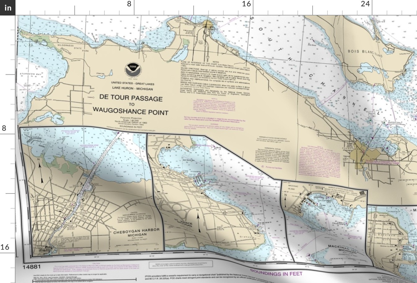NOAA nautical chart #14881 - northwest end of Lake Huron ; straits of Mackinac - 47.25x36", one map fits a yard of narrow fabric