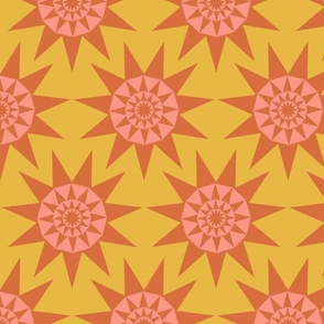 Sunshine Retro Geometric Mediterranean Tile Pointed Sun Star in Burnt Orange and Blush on Yellow - LARGE Scale - UnBlink Studio by Jackie Tahara