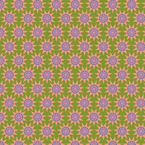 Sunshine Retro Geometric Mediterranean Tile Pointed Sun Star in Blush and Lavender Purple on Olive Green - SMALL Scale - UnBlink Studio by Jackie Tahara