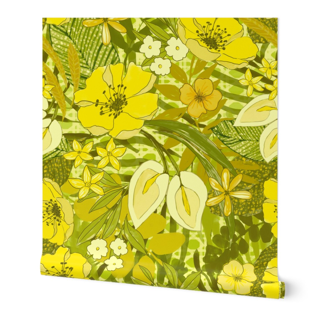 70s floral watercolor yellow and green medium scale on green lattice