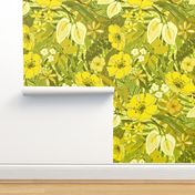 70s floral watercolor yellow and green medium scale on green lattice