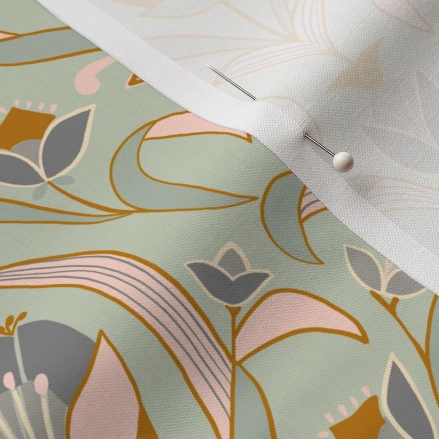 Art Deco Style Tulip Wallpaper, Peach, Gray and Sage Green-medium scale Fabric