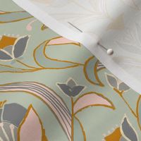 Art Deco Style Tulip Wallpaper, Peach, Gray and Sage Green-medium scale Fabric