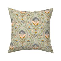Art Deco Style Tulip Wallpaper, Peach, Gray and Sage Green-medium scale Fabric