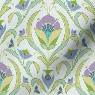  Art Deco Style Tulip Wallpaper, Lilac and light Green-medium scale Fabric