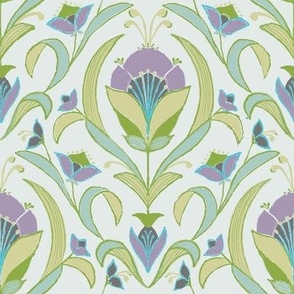  Art Deco Style Tulip Wallpaper, Lilac and light Green-medium scale Fabric