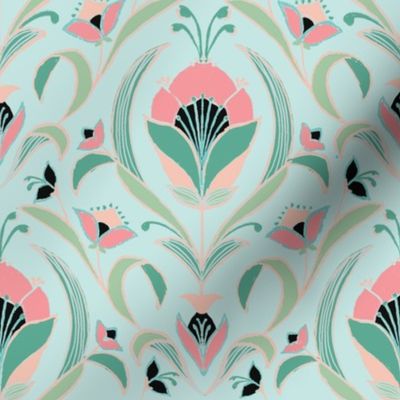 Art Deco Style Tulip Wallpaper, Pink and Green-medium scale Fabric