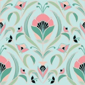 Art Deco Style Tulip Wallpaper, Pink and Green-medium scale Fabric