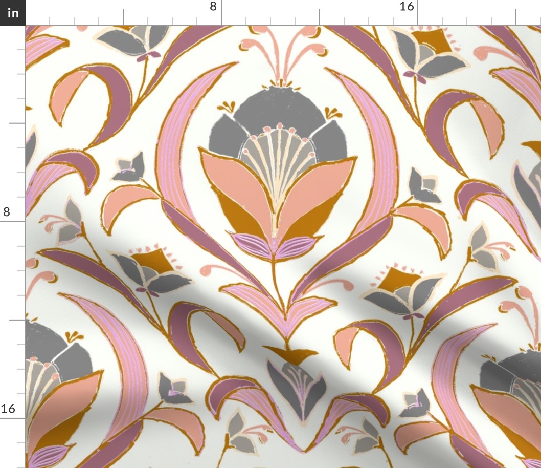  Art Deco Style Tulip Wallpaper, Pink, Gray, Cream-large scale Fabric