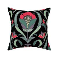  Art Deco Style Tulip Wallpaper, Red, Green on Black, -large scale Fabric