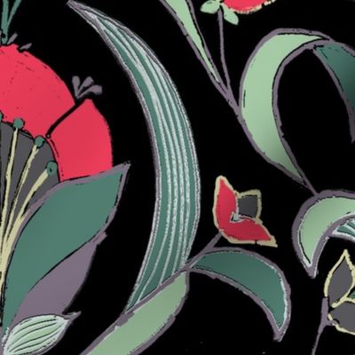  Art Deco Style Tulip Wallpaper, Red, Green on Black, -large scale Fabric