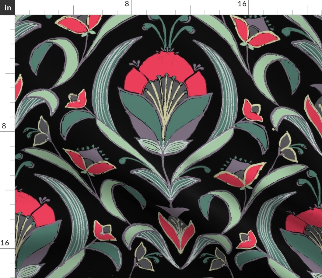  Art Deco Style Tulip Wallpaper, Red, Green on Black, -large scale Fabric