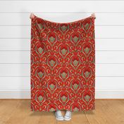 Art Deco Style Tulip Wallpaper, Red and Green-large scale Fabric