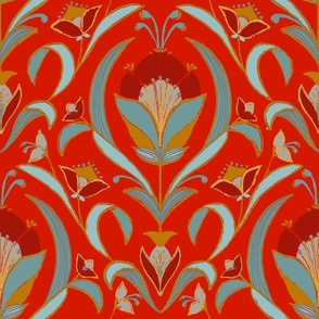 Art Deco Style Tulip Wallpaper, Red and Green-large scale Fabric