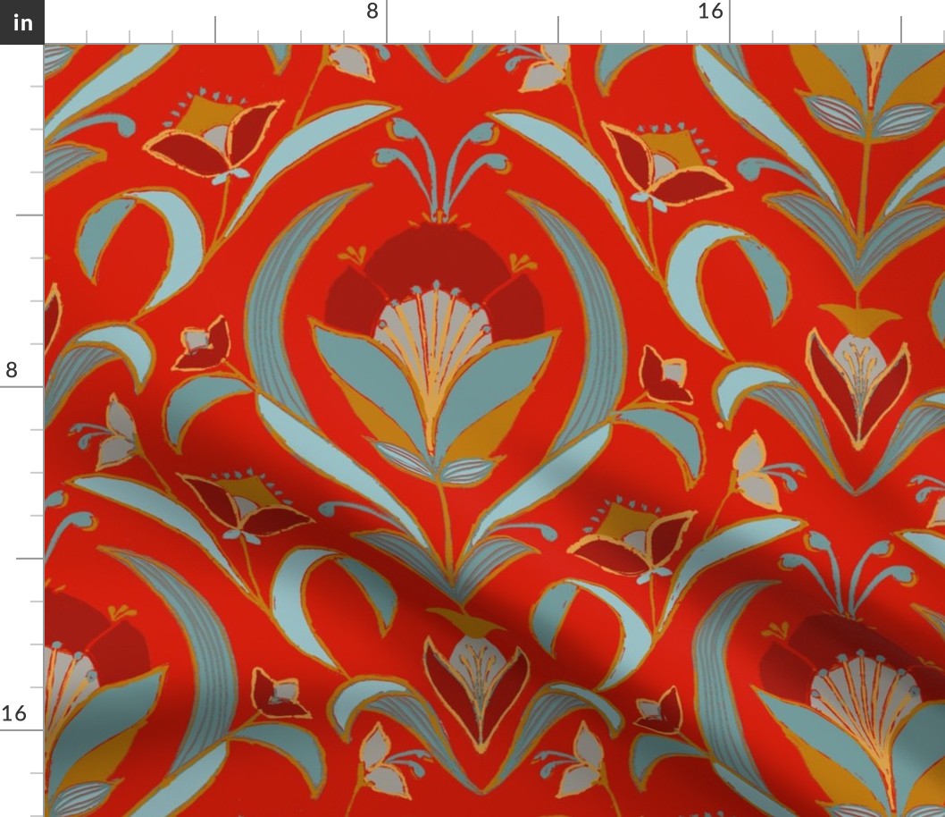 Art Deco Style Tulip Wallpaper, Red and Green-large scale Fabric