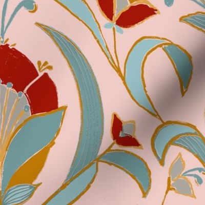 Art Deco Style Tulip Wallpaper, Red, Teal and Pink-l18" Fabric