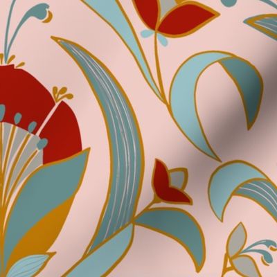 Art Deco Style Tulip Wallpaper, Red, Teal and Pink-l18" Fabric