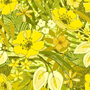 70s floral watercolor large scale in green and yellow