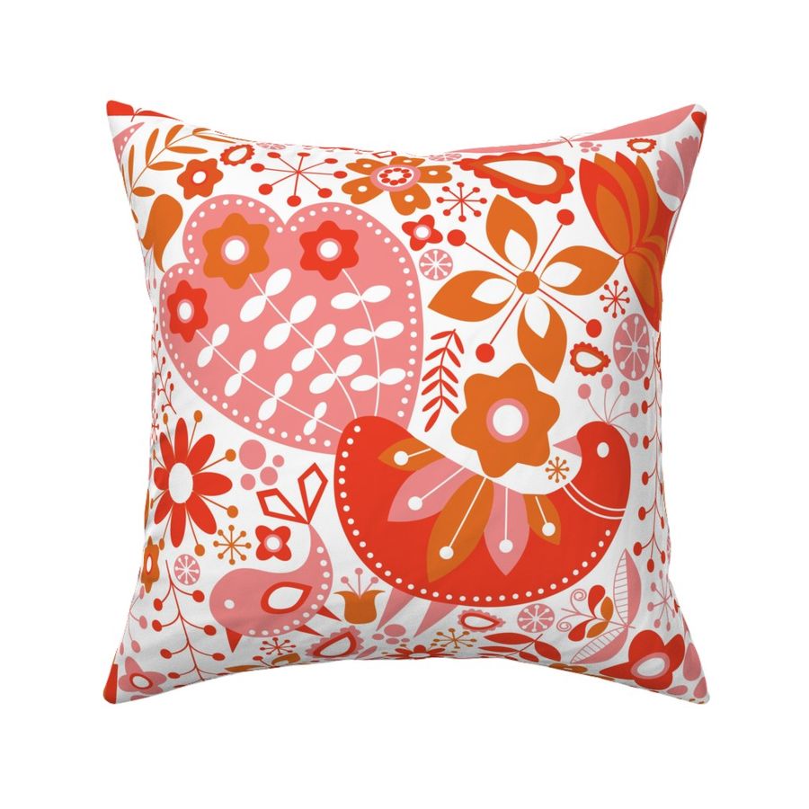 Scandinavian Maximalist Folk Birds and Blooms - Peach-Orange-Red