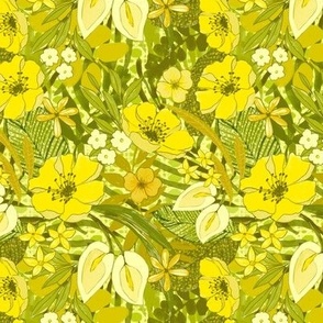 70s floral watercolor tropical yellow and green on green lattice small scale