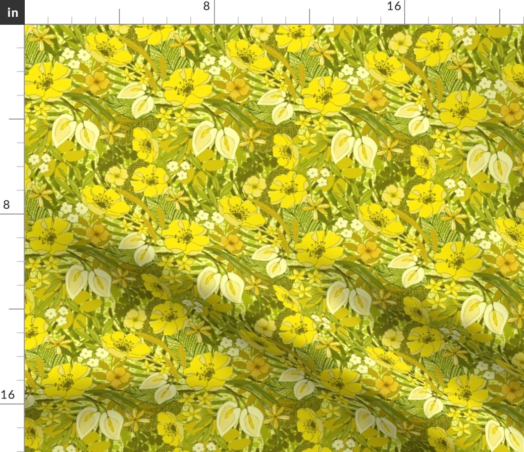 70s floral watercolor tropical yellow and green on green lattice small scale
