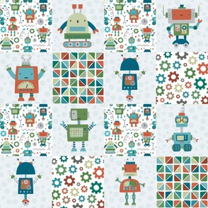 Bigger Scale Patchwork 6" Squares Little Boys Robot Room on White