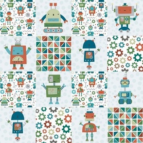 Smaller Scale Patchwork 6" Squares Little Boys Robot Room on White