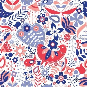 Scandinavian Maximalist Folk Garden - Red White Blue - Independence day - 4th of July 