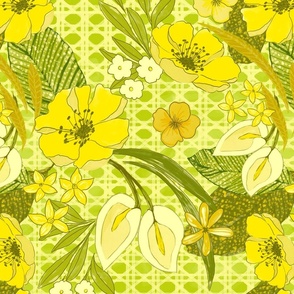 70s floral wicker lattice green yellow watercolor medium scale