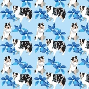 Bluebell Blue Merle Collie with blue flowers small scale dog fabric